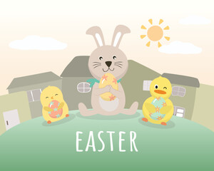 Happy Easter greeting design with cute Rabbit chick and eggs