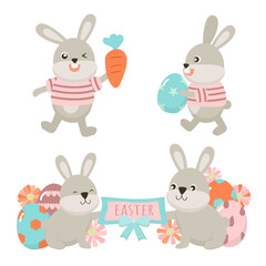 Happy Easter greeting design with cute Rabbit and eggs