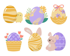 Happy Easter greeting design with cute Rabbit and eggs