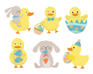 Happy Easter greeting design with cute Rabbit chick and eggs