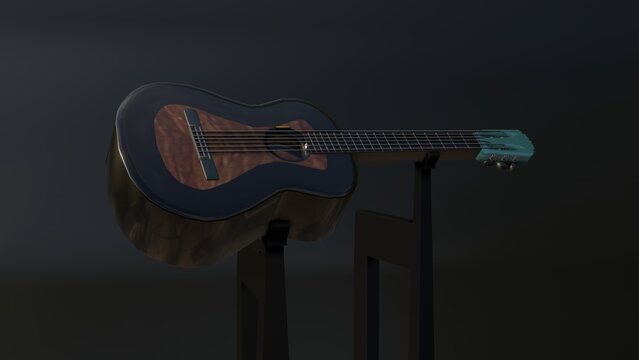 Metallic black guitar on a stand 3d rendering.