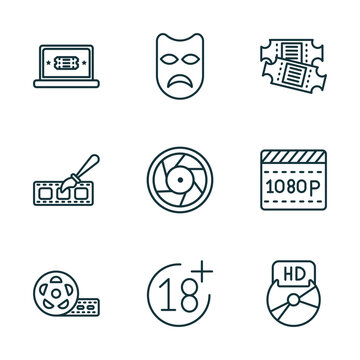 set of 9 linear icons from cinema concept. outline icons such as buy tickets online, sad mask, theater ticket, big film roll, plus 18 movie, hd dvd vector