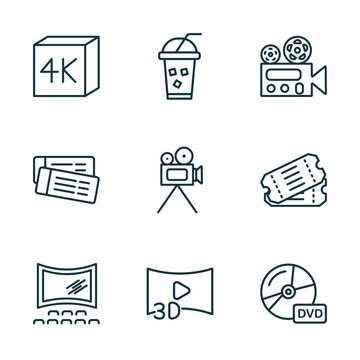 set of 9 linear icons from cinema concept. outline icons such as 4k, take away drink, film viewer, theatre screen, 3d video, dvd vector