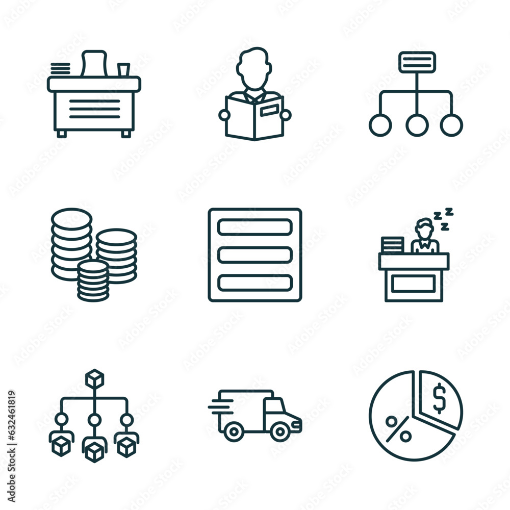Poster set of 9 linear icons from business concept. outline icons such as director desk, reader, structure,