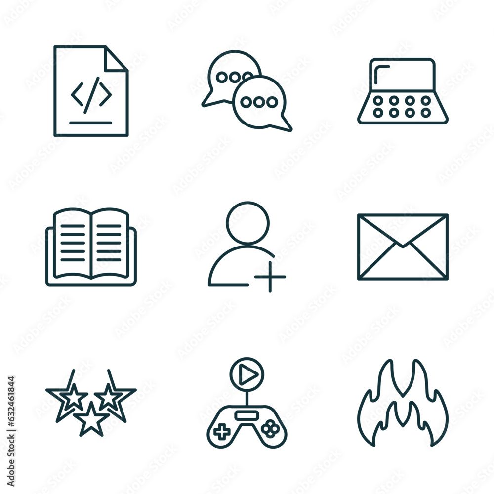 Aufkleber set of 9 linear icons from blogger and influencer concept. outline icons such as script, communicati