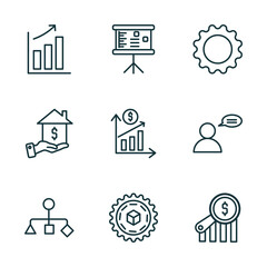 set of 9 linear icons from business concept. outline icons such as graphic progression, graphic panel, tool button, hierarchy structure, proof of work, money finder vector