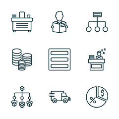 set of 9 linear icons from business concept. outline icons such as director desk, reader, structure, hierarchical order, logistic, pie chart with dollar vector