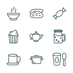 set of 9 linear icons from bistro and restaurant concept. outline icons such as hot soup, pita bread, candy balls, breakfast cup, bistro pot, yogurt with spoon vector