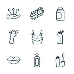 set of 9 linear icons from beauty concept. outline icons such as massage, bath sponge, deodorant, lips, inclined bottle, liquid lipstick vector