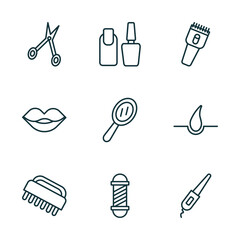 set of 9 linear icons from beauty concept. outline icons such as hair scissors, manicure, hair clipper, nail brush, barber shop, curlers vector