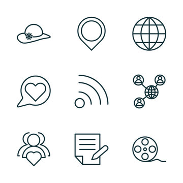 set of 9 linear icons from blogger and influencer concept. outline icons such as fashion, placeholder, web, community, copywriter, film reel vector