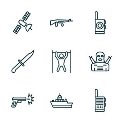 set of 9 linear icons from army and war concept. outline icons such as military satellites, rifle, walkie talkie, gun shooting, army boat, militar radio vector