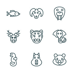 set of 9 linear icons from animals concept. outline icons such as piranha, male sheep, walrus, seahorse, capybara, snigir vector