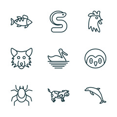 set of 9 linear icons from animals concept. outline icons such as perch, eel, cock, mite, cow, dolphin jumping vector