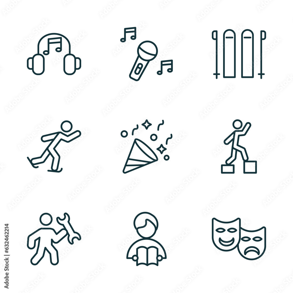 Poster set of 9 linear icons from activity and hobbies concept. outline icons such as listening music, sing