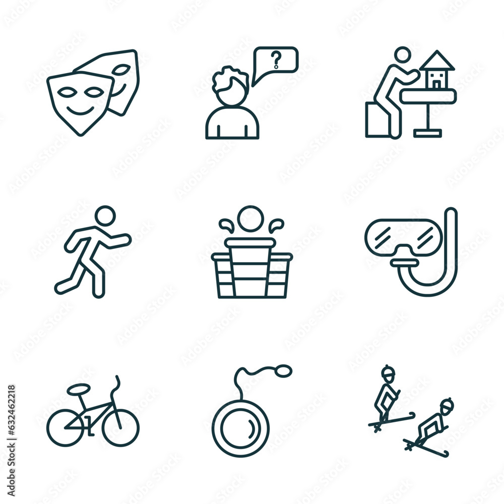 Poster set of 9 linear icons from activity and hobbies concept. outline icons such as cosplaying, questioni