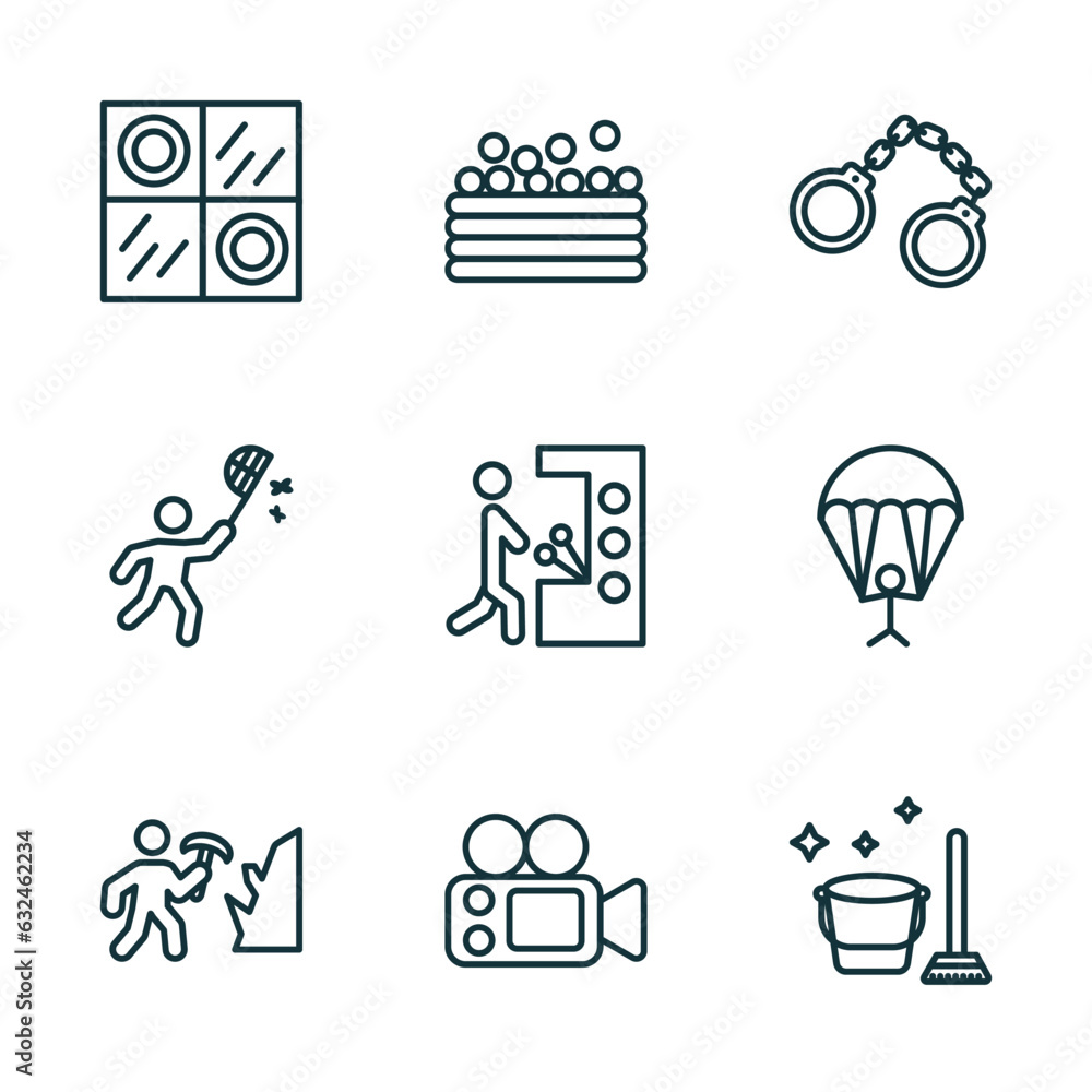Aufkleber set of 9 linear icons from activity and hobbies concept. outline icons such as checkers, ball pit, a