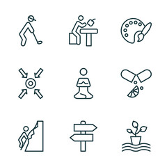 set of 9 linear icons from activity and hobbies concept. outline icons such as golf playing, lace making, coloring, rappelling, , hydroponics vector