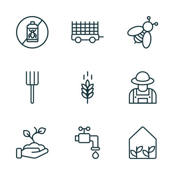 set of 9 linear icons from agriculture farming concept. outline icons such as pesticide, farm trailer, bees, planting, faucet, greenhouse vector