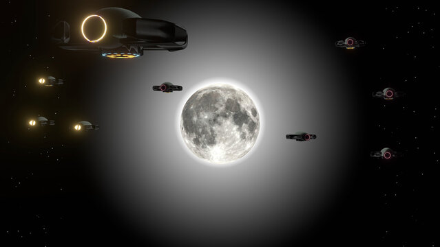 3d rendering of a full moon surrounded by spaceships.