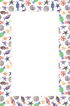 Watercolor frame border mock up with lots of different halloween party candies in orange, black, violet colors.Copy space in the middle.Isolated element for print cards, invitations