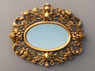 3D Gold antique rectangular picture or mirror frame, richly decorated 3D looping animation with alpha matte. Front view, gently moving lights and reflections, Generate Ai