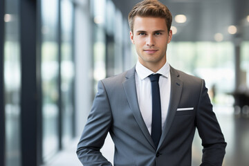 Fototapeta premium Successful young businessman looking at camera with confidence. Generative AI.