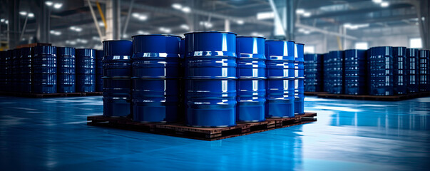 Blue barrel drum on the pallets contain liquid chemical in warehouse prepare for delivery to customer by made to order. Manufacture of chemicals production. Oil and chemical industrial works concept.	