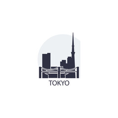 Japan Tokyo cityscape skyline city panorama vector flat modern logo icon. Asian Japanese capital metropolitan region emblem idea with landmarks and building silhouettes at sunrise sunset