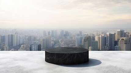 black marble podium display with palm tree for product presentation, summer beach with blue sea and sky background.