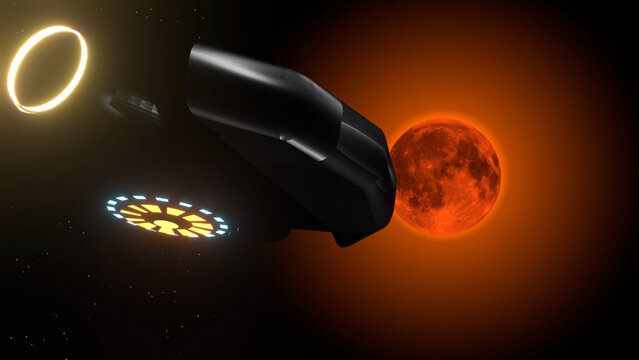 3d rendering of a spaceship with a full red moon in the background.