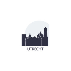 Netherlands Utrecht cityscape skyline city panorama vector flat modern logo icon. Holland province emblem idea with landmarks and building silhouettes at sunrise sunset