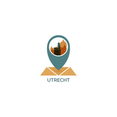 Netherlands Utrecht city map pin point geolocation modern skyline shape pointer vector logo isolated illustration. Web emblem Holand Province icon idea with landmarks and building silhouettes