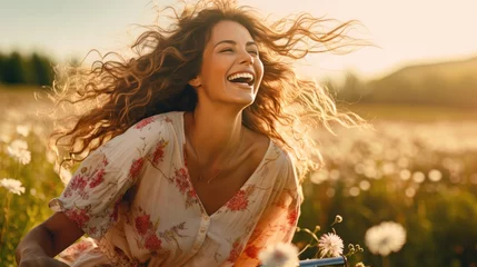 Fotobehang Fiets Middle-aged beautiful woman joyfully riding a bicycle through a blooming meadow, her hair flowing freely in the wind. Generative AI