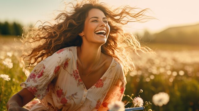 Middle-aged beautiful woman joyfully riding a bicycle through a blooming meadow, her hair flowing freely in the wind. Generative AI