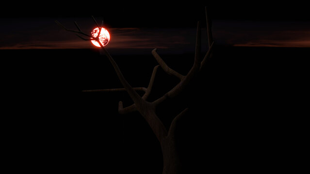 Red moon behind tree 3d rendering.
