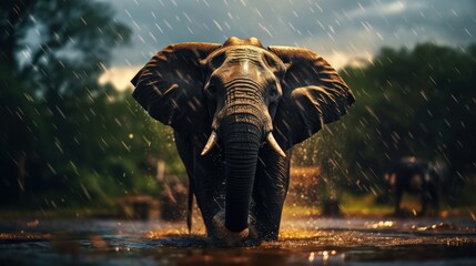 Fototapeta premium Epic Photography Shot of Elephant on Rainy Day. Lively Rainy Season Concept. Generative Ai