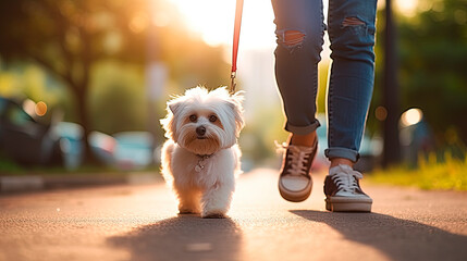 the dog walks on a leash with the owner during a walk in the city	

 - Powered by Adobe