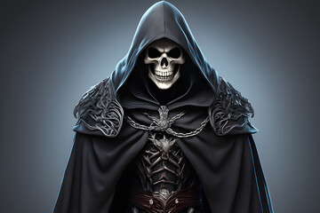 Death in a cloak with a hood. Scary grim reaper. Generative AI
