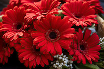 Beautiful red gerbera flowers bouquet closeup. Floral background.