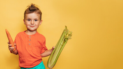 Studio shot of a smiling boy holding fresh celery and carrots on a yellow background. The concept...