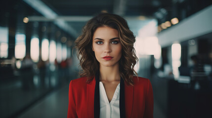 Portrait of confident competent independent woman. Elegant stylish young woman in red suit and with hairstyle standing in corridor of building and looking at camera