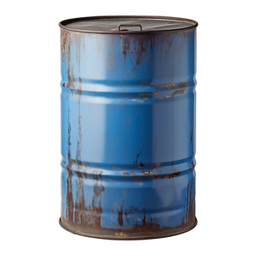 Old rusty blue steel oil barrel isolated on transparent or white background, png