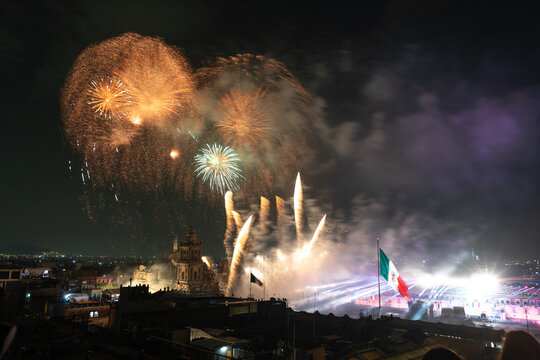View Downtown Mexico City landscape city in  Mexican Independence day celebration on fifteen of September with fireworks