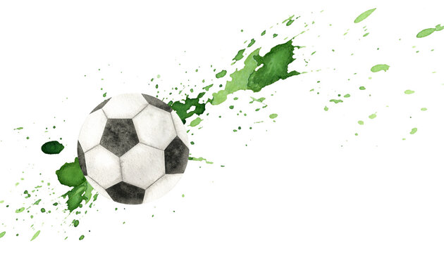 Soccer ball with watercolor splashes. Football ball. Watercolor hand drawn illustration. Sports equipment. Isolated. For football club, sporting goods stores, poster and postcard design