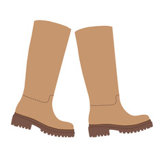 Beige leather boots with thick sole in flat vector style