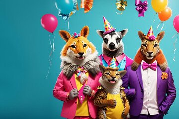 Animals in a group, vibrant bright fashionable outfits isolated on solid background advertisement, copy text space. birthday party invite invitation banner 