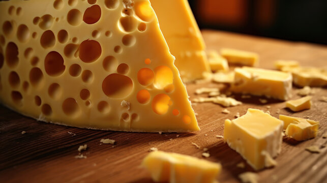 Closeup of Delicious Swiss Cheese Wedge A Gourmet Delight with Holes and Texture AI Generative
