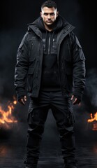 A man in a black jacket standing in front of a fire. AI.