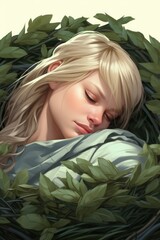 A woman is sleeping in a wreath of leaves. AI.